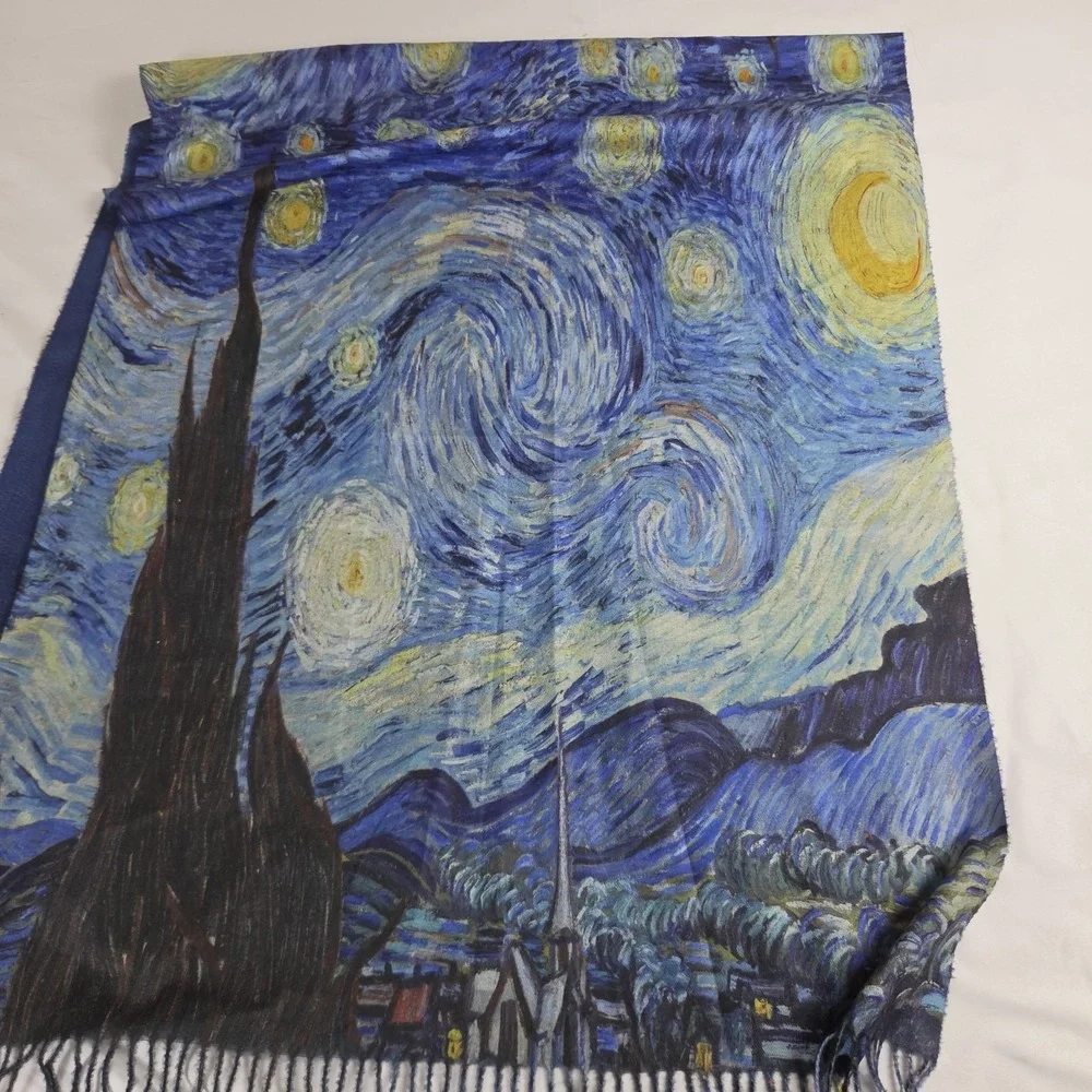 VAN GOGH Starry Night Scarf Wrap Wearable Art Fringed Shawl Cashmere Blend 28x70